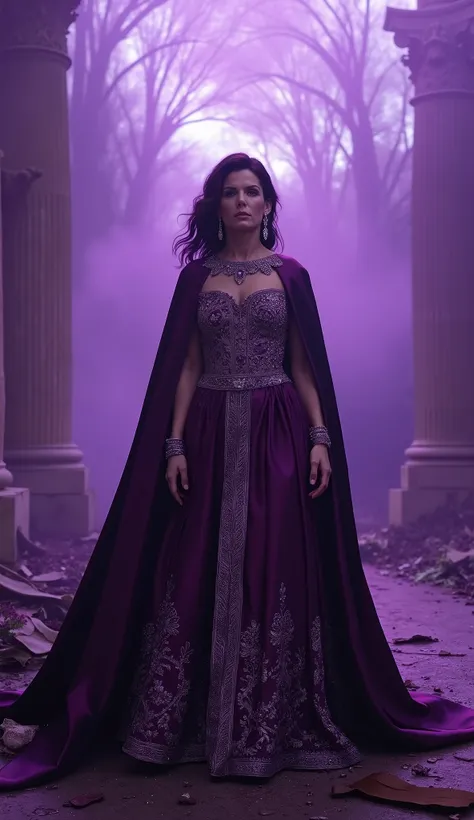 Sandra Bullock wearing a royal deep-purple evening gown with silver embroidery, flowing silk cape, diamond earrings, regal posture. Shot from knees up, ultra-realistic 4K. Background: gothic ruined arena with shattered pillars, swirling purple mist, massiv...