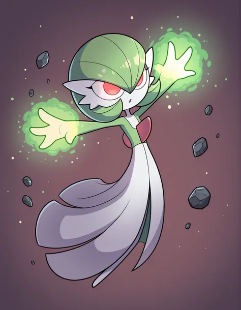miwako,, masterpiece, best quality, amazing quality,
1girl, solo, no pupils, toon \(style\),
gardevoir, pokemon \(creature\), green hair, red eyes, green hair, white skin, green skin, two-tone skin, long dress,
outstretched arms, glowing eyes, glowing ha...