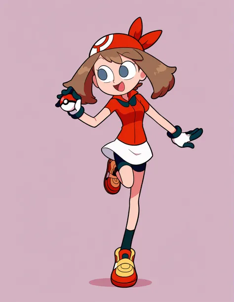miwako,, masterpiece, best quality, amazing quality,
1girl, solo, no pupils, toon \(style\),
may \(pokemon\), brown hair, long sidelocks, red headband, red shirt, white miniskirt, bike shorts, black socks, red sneakers, two-tone gloves, white gloves, blac...