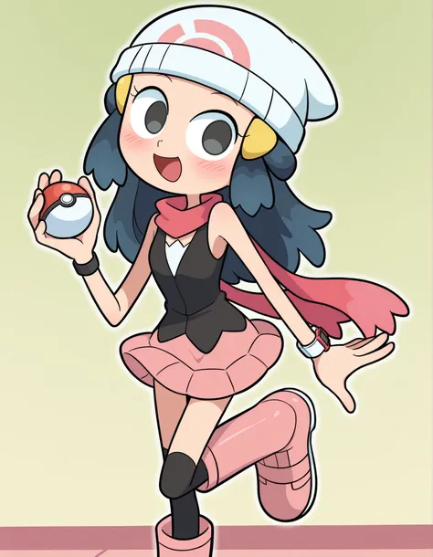 miwako,, masterpiece, best quality, amazing quality,
1girl, solo, no pupils, toon \(style\),
dawn \(pokemon\), blue hair, white beanie, long hair, black shirt, sleeveless, pink miniskirt, wristband, wristwatch, black socks, over-kneehighs, pink knee boot...