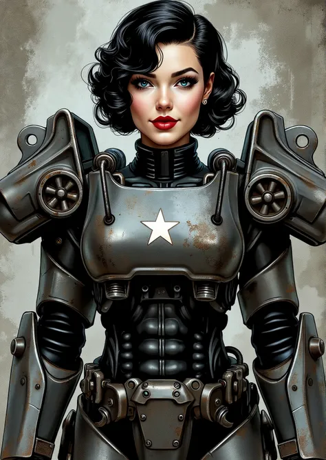 3/4 body shot, armor, t60, robot, An extremely detailed comic book illustration depicting a stunningly beautiful character portrayed by youthful baby faced Gene Tierney nineteen years old wearing a retro 50s T-60 power armor mechanized combat suit from the...