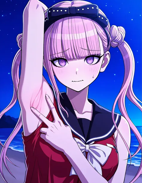 kako, pink hair, purple eyes, twintails, double bun, bow, blunt bangs, red serafuku, black sailor collar, sleeveless, game screencap, high quality, closed mouth, solo, upper body, night sky, beach, spread armpit, armpits, armpit focus, v, ((contrapposto)),...