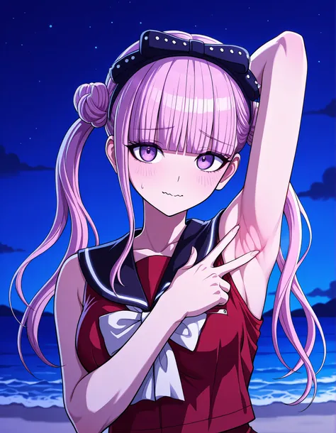 kako, pink hair, purple eyes, twintails, double bun, bow, blunt bangs, red serafuku, black sailor collar, sleeveless, game screencap, high quality, closed mouth, solo, upper body, night sky, beach, spread armpit, armpits, armpit focus, v, ((contrapposto)),...