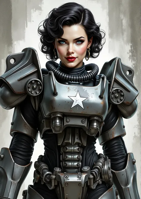 3/4 body shot, armor, t60, robot, An extremely detailed comic book illustration depicting a stunningly beautiful character portrayed by youthful baby faced Gene Tierney nineteen years old wearing a retro 50s T-60 power armor mechanized combat suit from the...