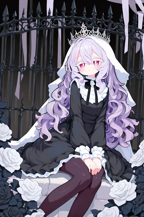 High Quality Masterpiece Detailed description 1 girl light purple hair Voluminous Lashes Wavy hair ends slim body small breasts (black dress frills and large ribbon decorations Black tights) cute pink eyes (White Veil black crown) Composition seen from ...