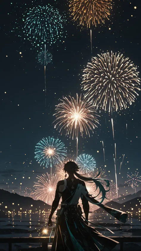 masterpiece, night sky, moonligt, beautiful scene, fireflies, high quality, dramatic lighting, colorful fireworks lighting up the night, ((wuthering waves, Jiyan, man, male))