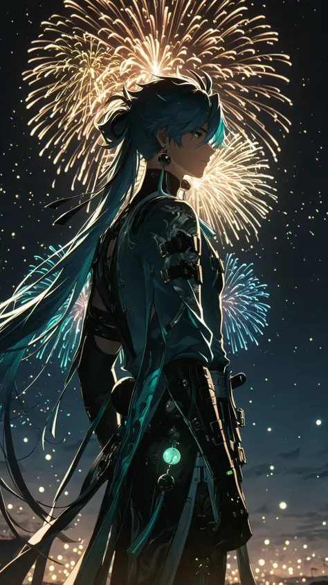 masterpiece, night sky, moonligt, beautiful scene, fireflies, high quality, dramatic lighting, colorful fireworks lighting up the night, ((wuthering waves, Jiyan, man, male))
