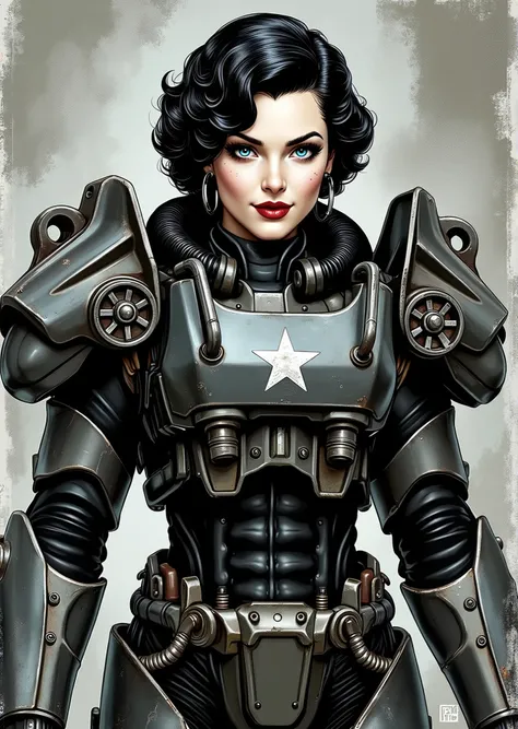 3/4 body shot, armor, t60, robot, An extremely detailed comic book illustration depicting a stunningly beautiful character portrayed by youthful baby faced Gene Tierney nineteen years old wearing a retro 50s T-60 power armor mechanized combat suit from the...