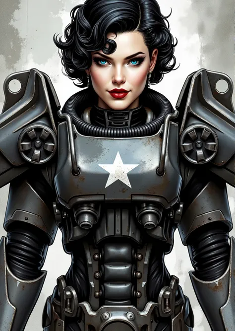3/4 body shot, armor, t60, robot, An extremely detailed comic book illustration depicting a stunningly beautiful character portrayed by youthful baby faced Gene Tierney nineteen years old wearing a retro 50s T-60 power armor mechanized combat suit from the...