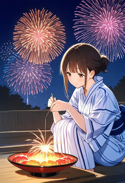 fireworks display Fireworks are beautiful night Beautiful girl yukata Fan