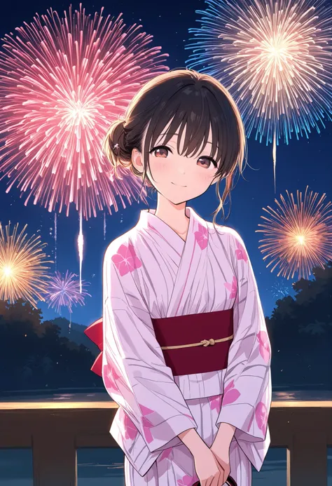 fireworks display Fireworks are beautiful night Beautiful girl yukata Fan