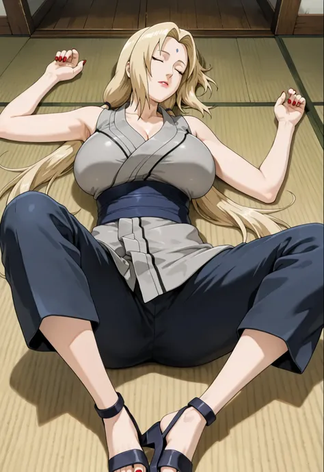 score_9, score_8_ up, score_7_ up, Tsunade、Mature Woman, alone, Tsunade (Naruto), blondes, emotionless facial expression, Lost Tales , Mark on the forehead, brown eyes, Big Breasts , gray kimono, sleeveless kimono, Shoulder-Out, (n...