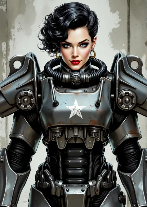 3/4 body shot, armor, t60, robot, An extremely detailed comic book illustration depicting a stunningly beautiful character portrayed by youthful baby faced Gene Tierney nineteen years old wearing a retro 50s T-60 power armor mechanized combat suit from the...