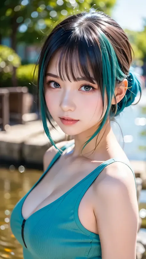 anime girl with blue hair and green eyes standing in water, Detailed Digital Animation Art, do, clean Heavy Man Under {X} detailed anime art, anime art wallpaper 4k, anime art wallpaper 4k, detailed portrait of an anime girl, Anime Art Wallpaper 8K , Heav...
