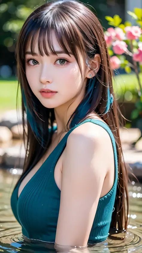 anime girl with blue hair and green eyes standing in water, Detailed Digital Animation Art, do, clean Heavy Man Under {X} detailed anime art, anime art wallpaper 4k, anime art wallpaper 4k, detailed portrait of an anime girl, Anime Art Wallpaper 8K , Heav...