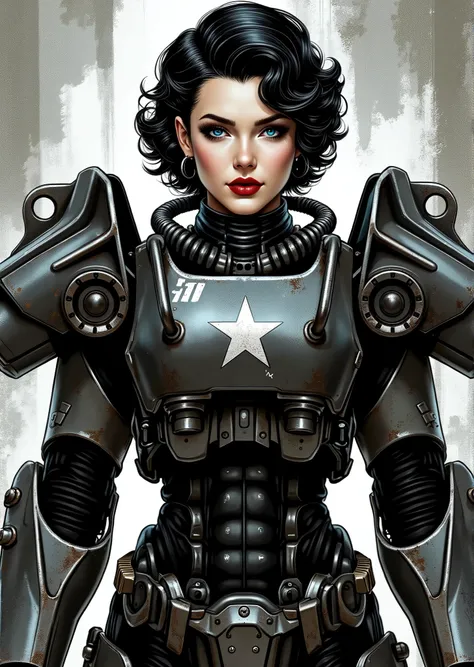 3/4 body shot, armor, t60, robot, An extremely detailed comic book illustration depicting a stunningly beautiful character portrayed by youthful baby faced Gene Tierney nineteen years old wearing a retro 50s T-60 power armor mechanized combat suit from the...