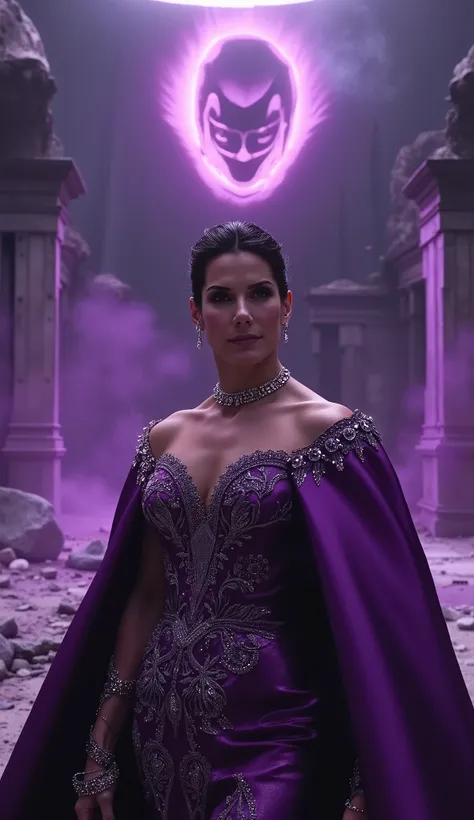 Sandra Bullock wearing a royal deep-purple evening gown with intricate silver embroidery, flowing silk cape draped over shoulders, sparkling diamond earrings, regal and confident posture. Ultra-realistic 4K close-up shot from chest up, cinematic lighting h...