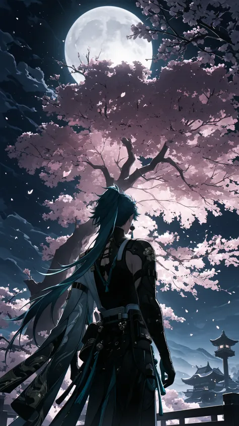 masterpiece, moon, beautiful scene, under a cherry blossom tree, high quality, dramatic lighting, ((wuthering waves, Jiyan, man, male))