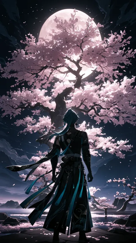 masterpiece, moon, beautiful scene, under a cherry blossom tree, high quality, dramatic lighting, ((wuthering waves, Jiyan, man, male))