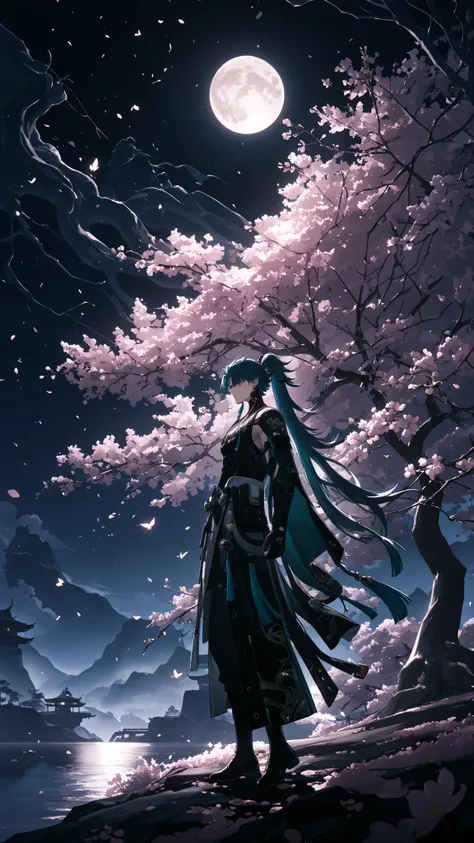 masterpiece, moon, beautiful scene, under a cherry blossom tree, high quality, dramatic lighting, ((wuthering waves, Jiyan, man, male))