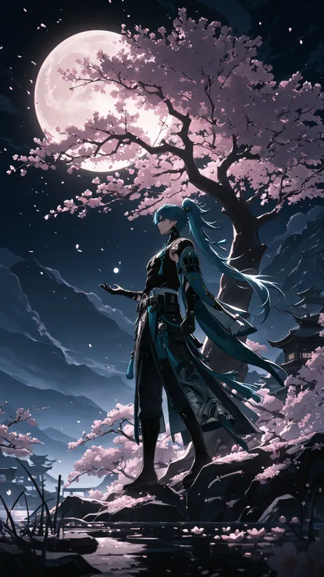 masterpiece, moon, beautiful scene, under a cherry blossom tree, high quality, dramatic lighting, ((wuthering waves, Jiyan, man, male))
