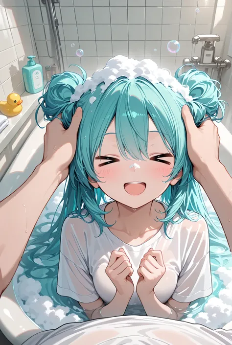 masterpiece,best quality,amazing quality,very aesthetic,absurdres,newest,
flat_color, (body covered:1.4 ), 1girl, hatsune miku, (white_t-shirt:1.4), upper body, hands_up, (> <:1.2), happy, water, bubble, steam bathing, floating bubbles, pov hands, alternat...