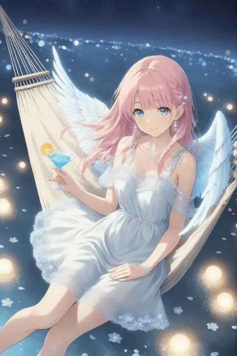 relaxed and cozy style,trk,
a graceful Cute girl with angelic wings lounging on a hammock, her elegant white dress adorned with lace and floral accents, she holds a delicate cocktail glass in her hand, the drink is vibrant, filled with colorful flowers ...