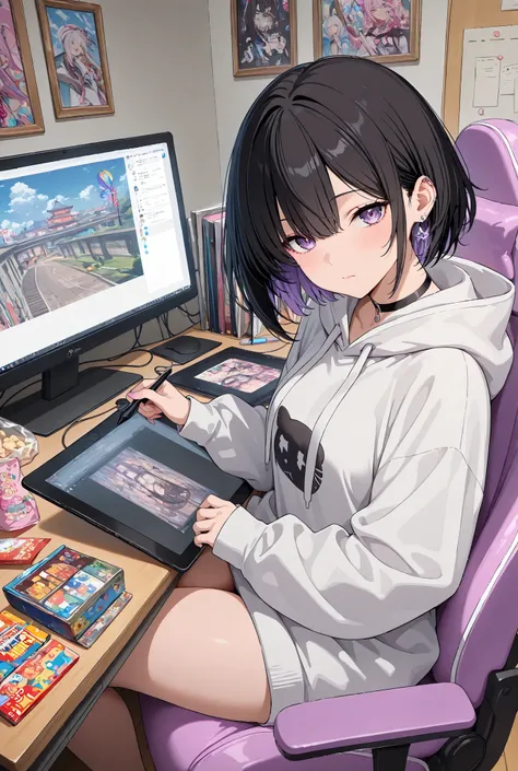 masterpiece, best quality, high res, perfect lighting, absurdres,official art,1girl, Digital artist drawing at computer desk, female character with short black hair wearing oversized white hoodie, sitting in gaming chair working on drawing tablet, large mo...