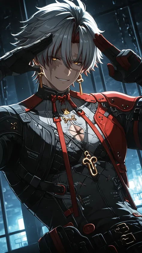 masterpiece, high quality, dramatic lighting, ((wuthering waves, Scar, man, male)), wearing clothes that fit the character in the game, making a salute gesture with one hand, (with a sunny, sly and handsome smile), in prison