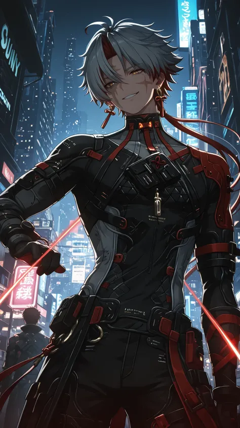 masterpiece, high quality, dramatic lighting, ((wuthering waves, Scar, man, male)), wearing clothes that fit the character in the game, (with a sunny, sly and handsome smile), in a city