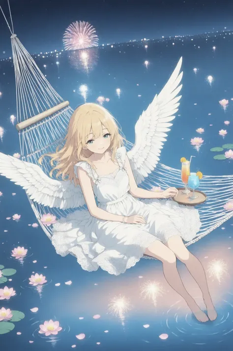 relaxed and cozy style,water color,(flat color:1.2),trk,
a graceful Cute girl with angelic wings lounging on a hammock, her elegant white dress adorned with lace and floral accents, she holds a delicate cocktail glass in her hand, the drink is vibrant, fi...