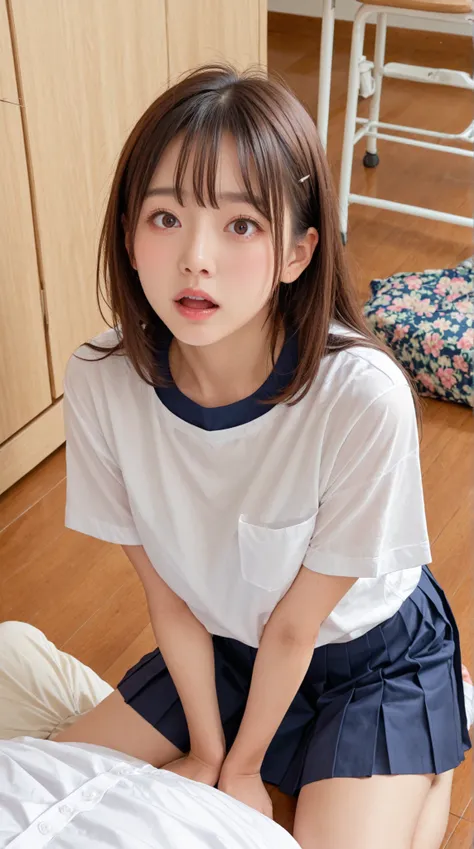 small 、((Japanese Women)) , (( white Y shirt))、(curved body)、 expect the sensual expression of、((surprised face to see))、please open your mouth lightly 、and I'm staring 、on the bed、 inspecting 、(pleated skirt on the indoor floor) 、(face close-up)、((胸のga...