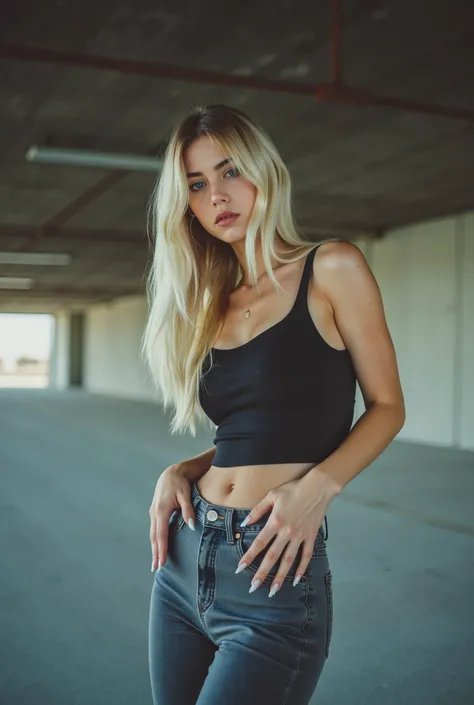 stunn1ng, photorealistic, extreme low-angle Dutch-angle crop shot, candid photography style, white european caucasian, 1girl, young adult, youthful, narrow waist, perky breasts, flat stomach, alluring youthful face, soft cute features with subtle sharpness...