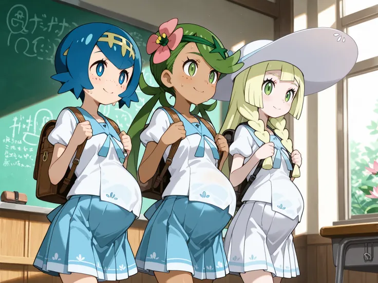 masterpiece, Highest Quality, great quality、(((3 girls)))、3 girls(Water Lily:Lillie:Mao) 、(Water Lily: lana, blue eyes, blue hair, freckles, hairband, short hair, white pupils, yellow hairband, bright pupils,)、(Lillie:long hair、 Gold、sun hat、white hat、Twin...