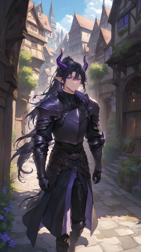 masterpiece, high quality, dramatic lighting, inside fantasy like medieval city, a man walking inside a town, ((male, man)), ((long black hair, ponytail)), violet eyes, long elf like ears, two long demon horns, wearing leather armor, assainlike, light smil...