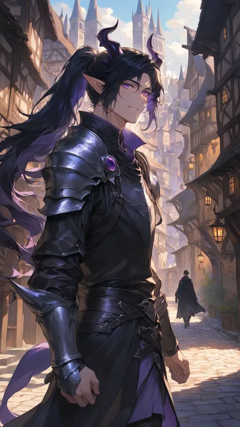masterpiece, high quality, dramatic lighting, inside fantasy like medieval city, a man walking inside a town, ((male, man)), ((long black hair, ponytail)), violet eyes, long elf like ears, two long demon horns, wearing leather armor, assainlike, light smil...