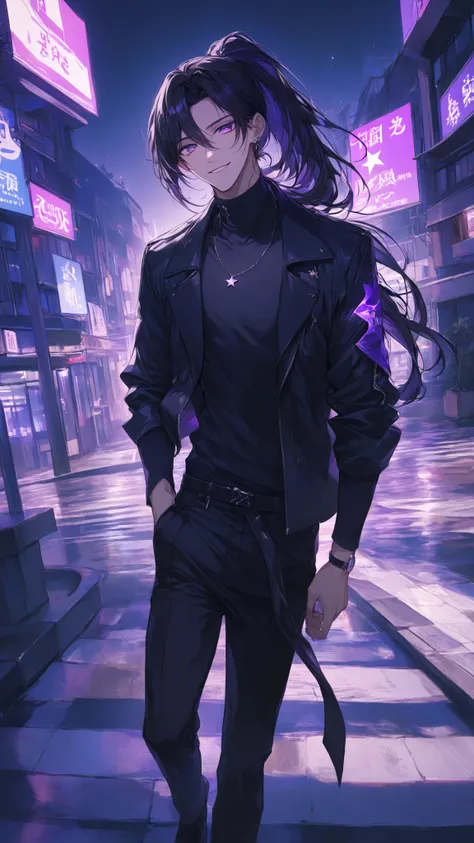 masterpiece, high quality, dramatic lighting, a man walking inside a city, ((male, man)), ((long black hair, ponytail)), violet eyes, star like, posing like a model, light smile