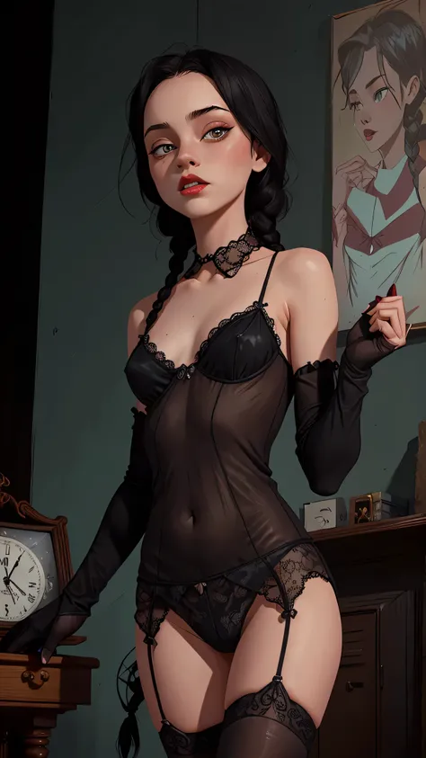 Wednesday sexy petite girl in dark lace lingerie and lace stockings, small black lace Lingerie panties, lace gloves large, legs spread open, Black hair with two braids, dark lipstick, pale skin,