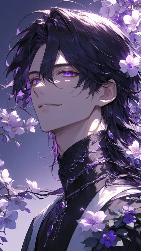 masterpiece, high quality, dramatic lighting, ((male, man)), ((long black hair)), violet eyes, light smile