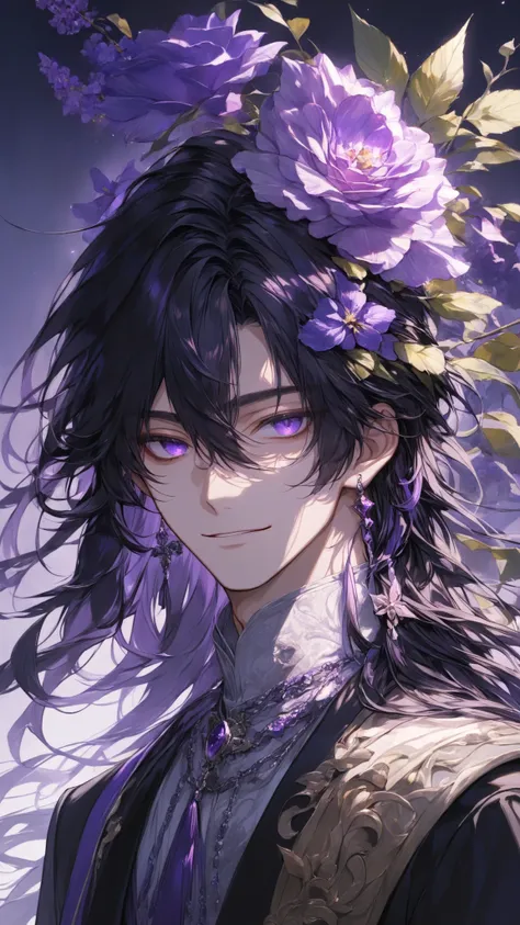 masterpiece, high quality, dramatic lighting, ((male, man)), ((long black hair)), violet eyes, light smile