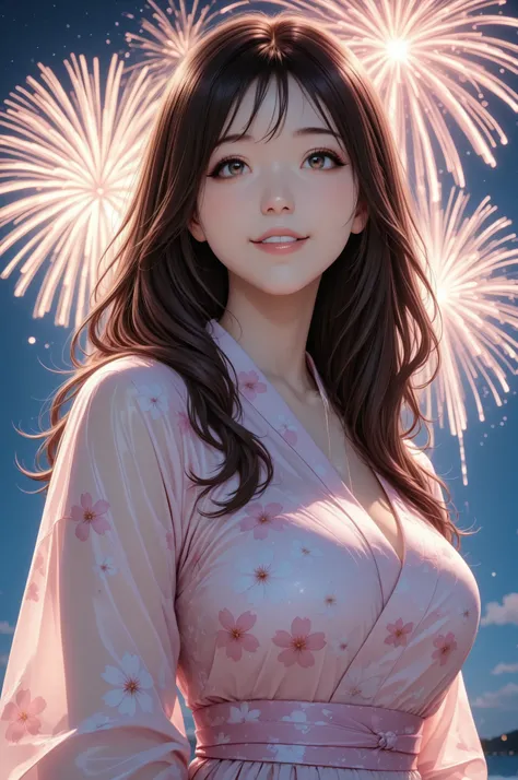 1girl, staring closely at the viewer,22 years old, (Tareme, detailed cute brown eyes), Curled Lashes, (big breasts:0.8), Fireworks in the night sky, yukata美女, dark haired, Long Hair, (Face looking up, has a smiling smile), yukata:1.2, Sandy beach backgroun...