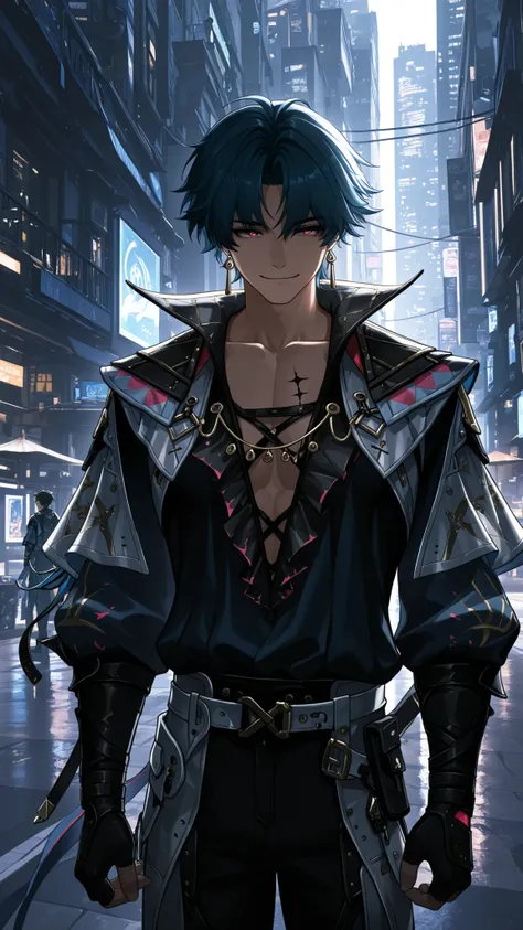 masterpiece, high quality, dramatic lighting, ((wuthering waves, Brant, man, male)), wearing clothes that fit the character in the game, (with a sunny, sly and handsome smile), in a city