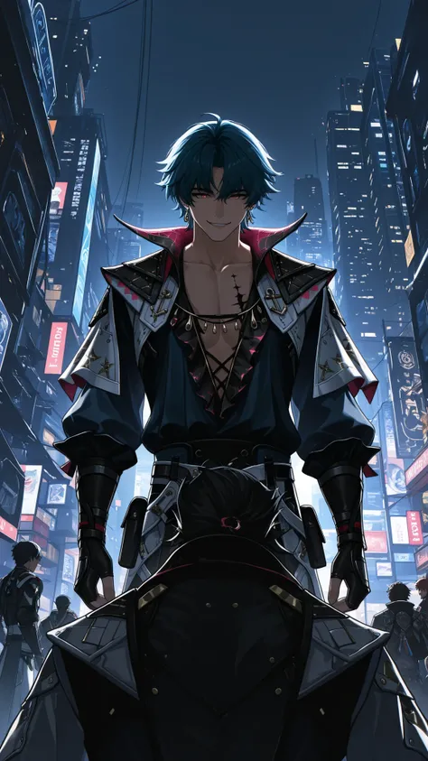 masterpiece, high quality, dramatic lighting, ((wuthering waves, Brant, man, male)), wearing clothes that fit the character in the game, (with a sunny, sly and handsome smile), in a city