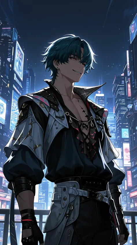 masterpiece, high quality, dramatic lighting, ((wuthering waves, Brant, man, male)), wearing clothes that fit the character in the game, (with a sunny, sly and handsome smile), in a city