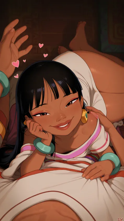 1child on side, long hair,realistic, solo, short girl, masterpiece, best quality, amazing quality, high resolution, very aesthetic, absurdres, highres, newest, chel from the road to el dorado movie, curvy, thick thighs, curvy, fixed face, child proportions...