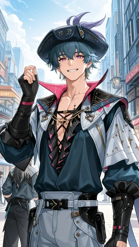 masterpiece, high quality, ((wuthering waves, Brant, man, male)), wearing clothes that fit the character in the game, original characters hair and eye color, wearing original characters hat, (with a happy, cheerful and handsome smile), in a city