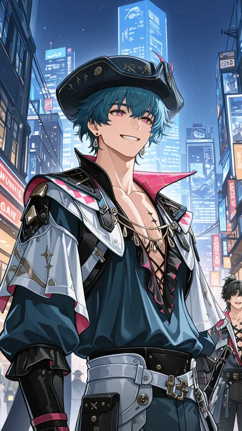 masterpiece, high quality, ((wuthering waves, Brant, man, male)), wearing clothes that fit the character in the game, original characters hair and eye color, wearing original characters hat, (with a happy, cheerful and handsome smile), in a city