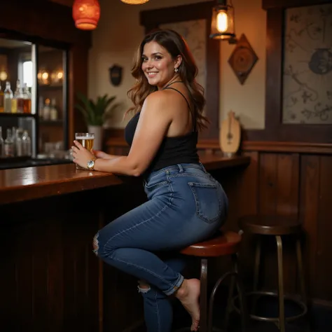 Chubby sexy woman rides on bar stool. nice smile. Popo. Hintern. Enge Jeans. In einer Bar. Kneipe. Rustikal.