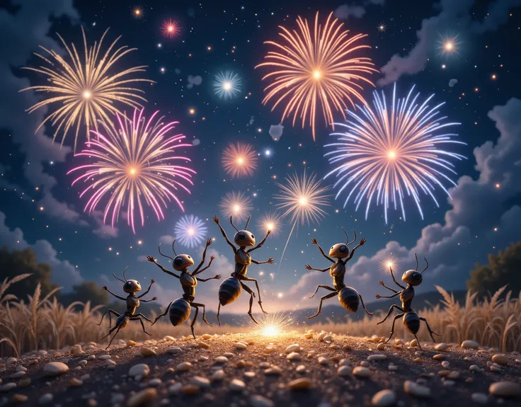 "Fireworks Festival"
A night lit up by fireworks in full bloom. the whole anthill is celebrating the grain harvest. heaps of wheat seeds scattered here and there; humanoid ants celebrate by jumping and rejoicing together. In the sky on the horizon the most...