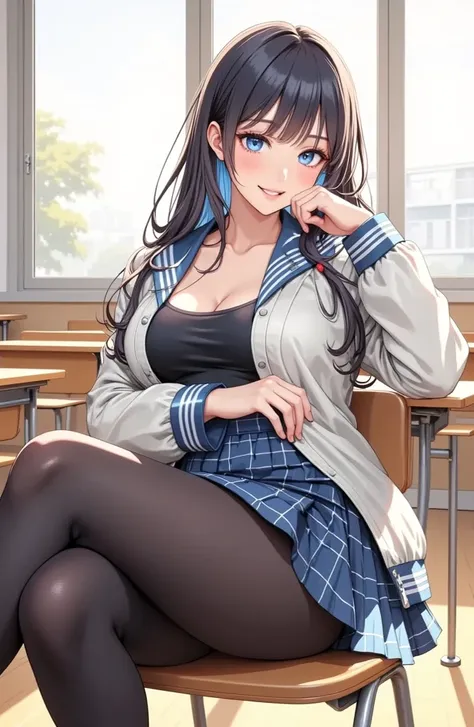  (masterpiece,  computer, mejor quality,  Clear focus, shadow, anime style, ultra high resolution, 8K, perfect anatomy, rostro perfecto, (detailed face), (  Detailed eye  ), score_9, score_8_above, score_7_above, score_6_above, score_5_above, score_4_above, kilde_animated, Label 1, Label2, quality_masterpiece, anatomically correct, beautiful face, rostro perfecto, Beautiful and highly detailed face and eyes, Attractive face, detailed face, Delicate facial features, detailed skin, huge breasts, breast size cup D or DD, wide hips, gigantic butt, thick thighs. looking at the spectator. Anime-style illustration of a beautiful woman with an elegant and. look A sensual woman Young anime attractive and voluptuous and marked curves in a sensual and powerful style, young and dazzling, with long hair, smooth and blue-black, with some light blue and red reflections.  Her eyes are large and bright blue . She wears an open school jacket that reveals part of her torso, along with a short plaid skirt in shades of navy blue and green, and opaque black tights .  is sitting at a school desk , crossing her legs and resting her head on her right hand,  with a confident expression and a slight smile . The background shows a classroom illuminated by natural light that enters through the windows, with desks and diffuse details that reinforce the school environment. The artistic style is detailed, with soft shade, bright reflections in her hair and a vibrant color palette.